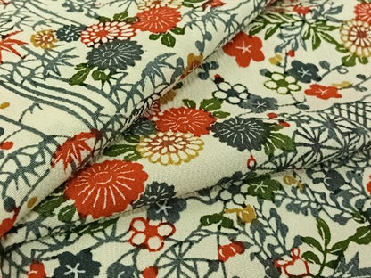 平和屋着物▽上質な小紋　単衣　型染め　風景花文　鬼しぼ縮緬　正絹　逸品　AABL4012jh
