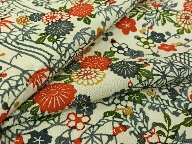 平和屋着物▽上質な小紋　単衣　型染め　風景花文　鬼しぼ縮緬　正絹　逸品　AABL4012jh