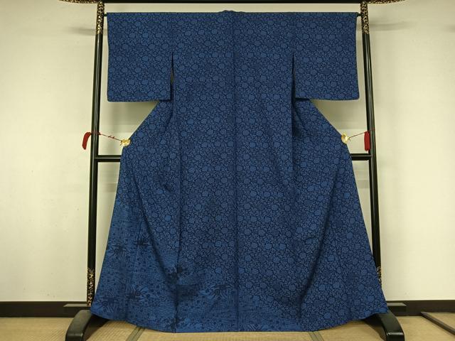 平和屋着物▽訪問着　単衣　藍　型染め　花唐草文　正絹　逸品　未使用　AABL4016jh