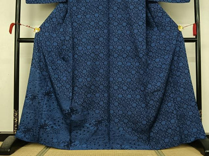 平和屋着物▽訪問着　単衣　藍　型染め　花唐草文　正絹　逸品　未使用　AABL4016jh