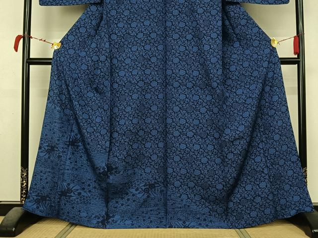 平和屋着物▽訪問着　単衣　藍　型染め　花唐草文　正絹　逸品　未使用　AABL4016jh