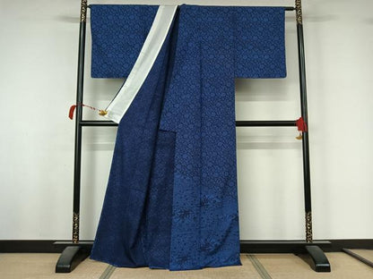 平和屋着物▽訪問着　単衣　藍　型染め　花唐草文　正絹　逸品　未使用　AABL4016jh