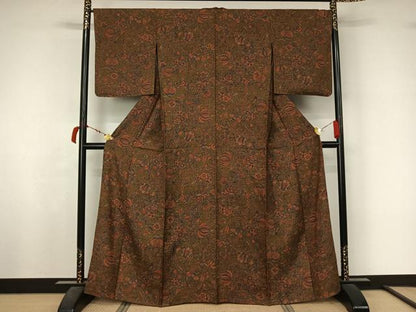 平和屋着物▽上質な小紋　単衣　更紗花文　正絹　逸品　AABL4017jh
