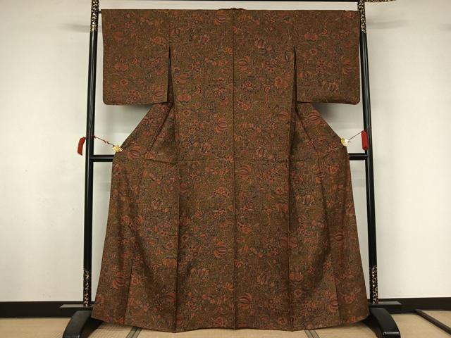 平和屋着物▽上質な小紋　単衣　更紗花文　正絹　逸品　AABL4017jh