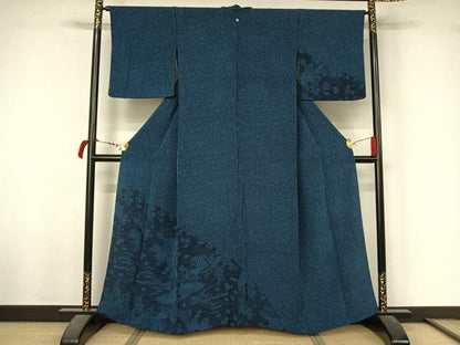 平和屋着物▽訪問着　単衣　本藍　流水風景花文　鬼しぼ縮緬　正絹　逸品　AABL4018jh
