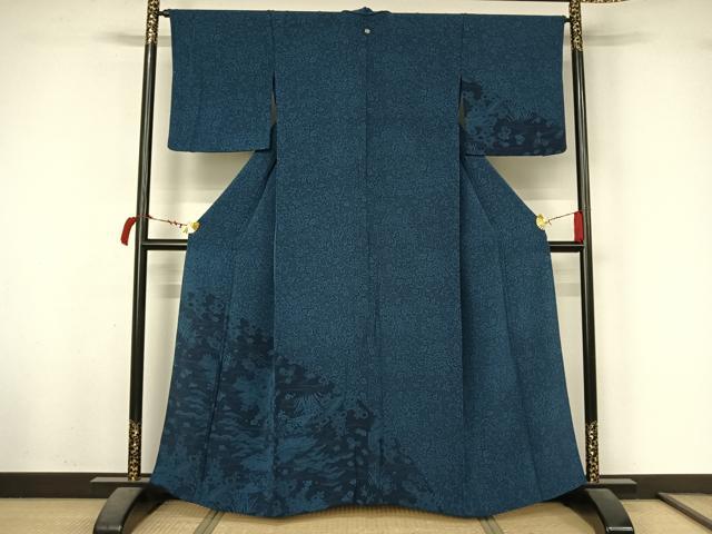 平和屋着物▽訪問着　単衣　本藍　流水風景花文　鬼しぼ縮緬　正絹　逸品　AABL4018jh