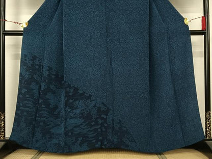 平和屋着物▽訪問着　単衣　本藍　流水風景花文　鬼しぼ縮緬　正絹　逸品　AABL4018jh