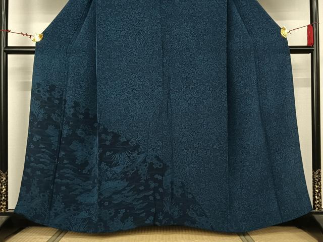 平和屋着物▽訪問着　単衣　本藍　流水風景花文　鬼しぼ縮緬　正絹　逸品　AABL4018jh