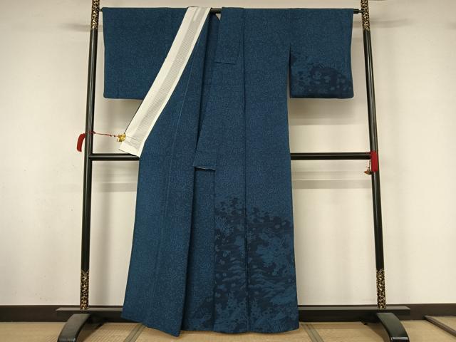 平和屋着物▽訪問着　単衣　本藍　流水風景花文　鬼しぼ縮緬　正絹　逸品　AABL4018jh