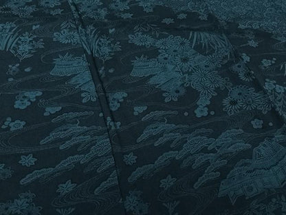 平和屋着物▽訪問着　単衣　本藍　流水風景花文　鬼しぼ縮緬　正絹　逸品　AABL4018jh