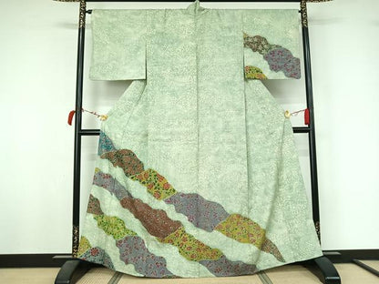 平和屋着物▽訪問着　単衣　紬地　手描き　花唐草文　正絹　逸品　AABL4020jh
