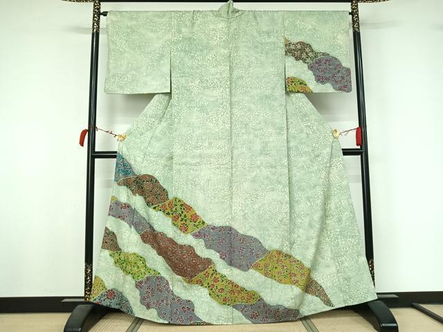 平和屋着物▽訪問着　単衣　紬地　手描き　花唐草文　正絹　逸品　AABL4020jh