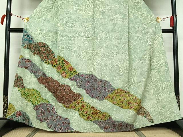 平和屋着物▽訪問着　単衣　紬地　手描き　花唐草文　正絹　逸品　AABL4020jh