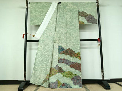 平和屋着物▽訪問着　単衣　紬地　手描き　花唐草文　正絹　逸品　AABL4020jh