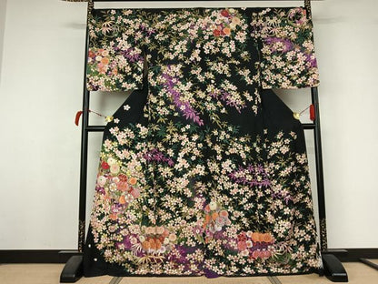 平和屋着物▽訪問着　単衣　駒刺繍　草花文　黒地　金銀彩　銀通し地　正絹　逸品　AABL4027jh