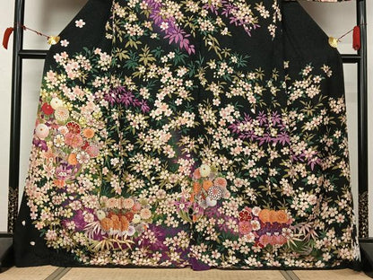 平和屋着物▽訪問着　単衣　駒刺繍　草花文　黒地　金銀彩　銀通し地　正絹　逸品　AABL4027jh