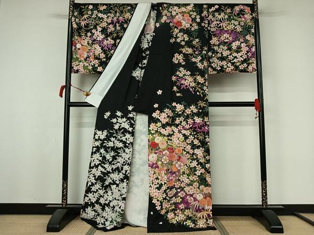 平和屋着物▽訪問着　単衣　駒刺繍　草花文　黒地　金銀彩　銀通し地　正絹　逸品　AABL4027jh
