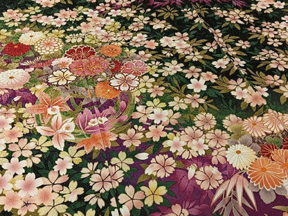 平和屋着物▽訪問着　単衣　駒刺繍　草花文　黒地　金銀彩　銀通し地　正絹　逸品　AABL4027jh