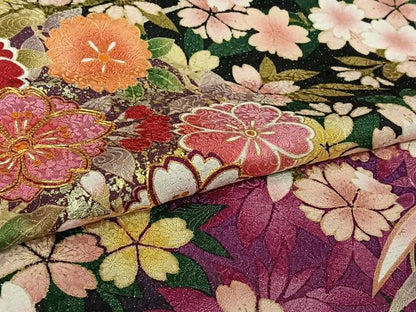 平和屋着物▽訪問着　単衣　駒刺繍　草花文　黒地　金銀彩　銀通し地　正絹　逸品　AABL4027jh