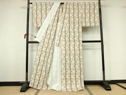 平和屋着物▽ぜんまい紬　単衣　井桁絣　正絹　逸品　AABL4033jh