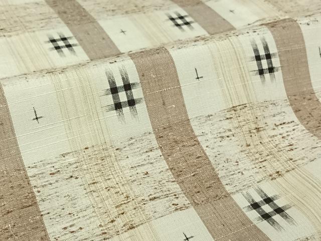 平和屋着物▽ぜんまい紬　単衣　井桁絣　正絹　逸品　AABL4033jh