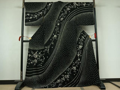平和屋着物▽訪問着　単衣　総絞り　枝花文　黒地　正絹　逸品　AABL4036jh