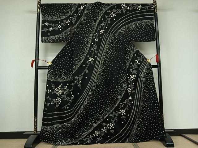 平和屋着物▽訪問着　単衣　総絞り　枝花文　黒地　正絹　逸品　AABL4036jh