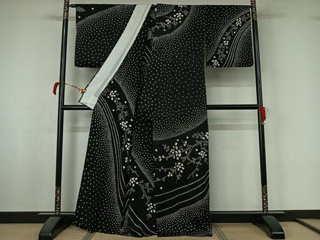 平和屋着物▽訪問着　単衣　総絞り　枝花文　黒地　正絹　逸品　AABL4036jh