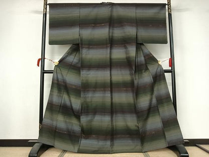 平和屋着物▽上質な紬 　単衣　横段文 　正絹　逸品　未使用　AABL4037jh