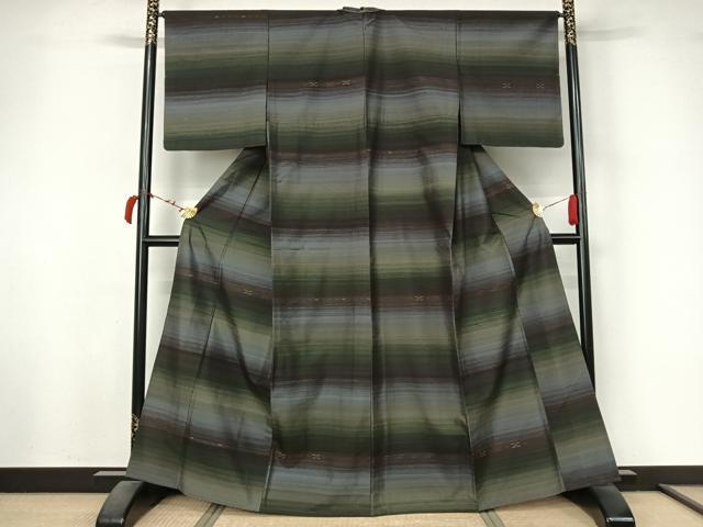平和屋着物▽上質な紬 　単衣　横段文 　正絹　逸品　未使用　AABL4037jh