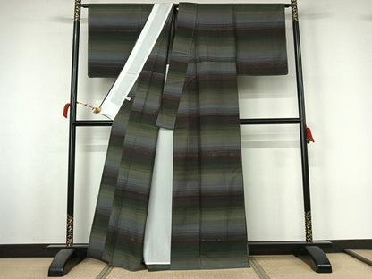 平和屋着物▽上質な紬 　単衣　横段文 　正絹　逸品　未使用　AABL4037jh