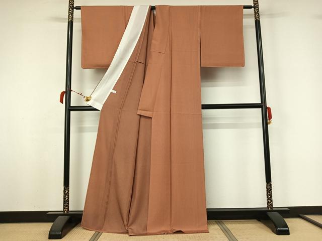 平和屋着物▽江戸小紋　単衣　万筋　赤茶色×薄香色　正絹　逸品　AABL4038jh