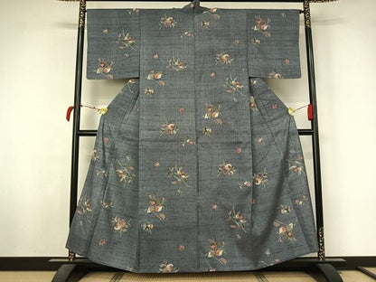 平和屋着物▽上質な小紋　単衣　紬地　型染め　成り物　正絹　逸品　AABL4039jh