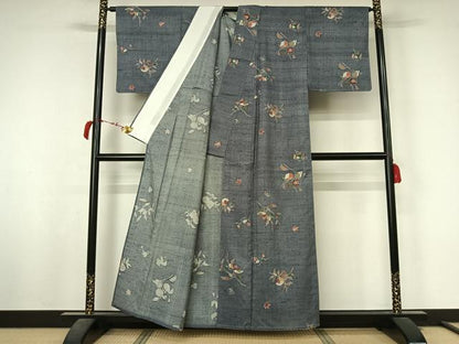 平和屋着物▽上質な小紋　単衣　紬地　型染め　成り物　正絹　逸品　AABL4039jh