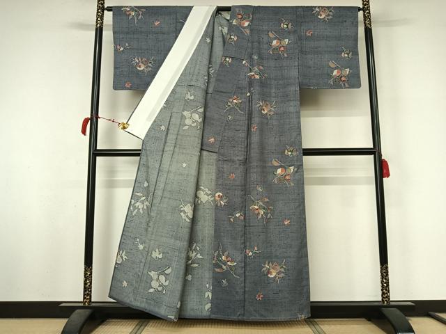 平和屋着物▽上質な小紋　単衣　紬地　型染め　成り物　正絹　逸品　AABL4039jh