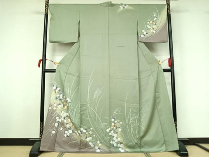 平和屋着物▽訪問着　単衣　駒刺繍　草花文　暈し染め　金彩　正絹　逸品　AABL4040jh