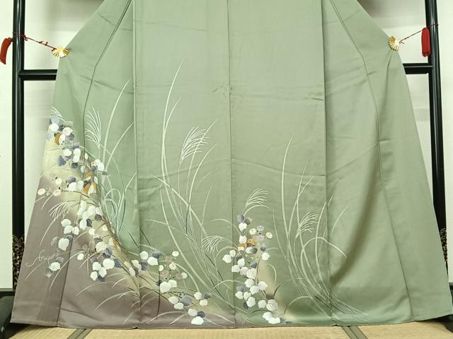 平和屋着物▽訪問着　単衣　駒刺繍　草花文　暈し染め　金彩　正絹　逸品　AABL4040jh