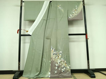 平和屋着物▽訪問着　単衣　駒刺繍　草花文　暈し染め　金彩　正絹　逸品　AABL4040jh