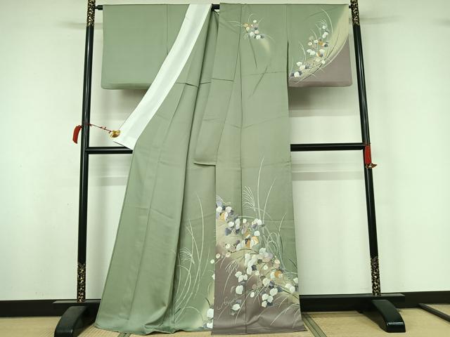 平和屋着物▽訪問着　単衣　駒刺繍　草花文　暈し染め　金彩　正絹　逸品　AABL4040jh