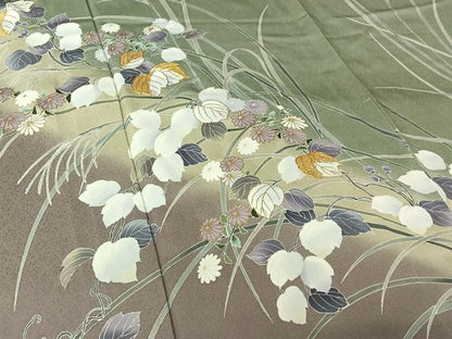 平和屋着物▽訪問着　単衣　駒刺繍　草花文　暈し染め　金彩　正絹　逸品　AABL4040jh