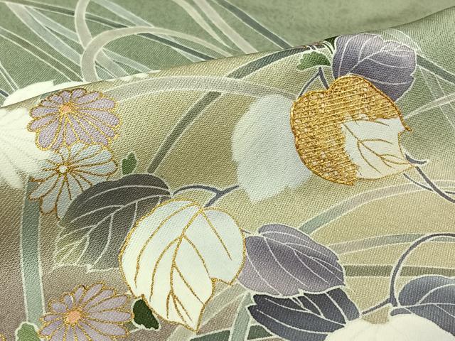 平和屋着物▽訪問着　単衣　駒刺繍　草花文　暈し染め　金彩　正絹　逸品　AABL4040jh