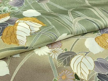 平和屋着物▽訪問着　単衣　駒刺繍　草花文　暈し染め　金彩　正絹　逸品　AABL4040jh