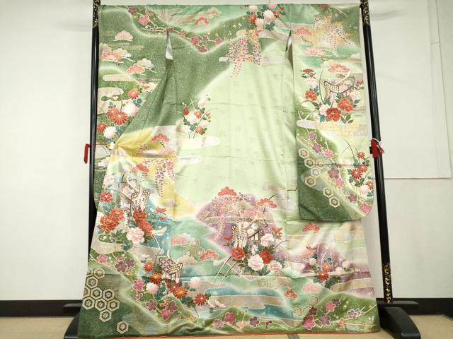 平和屋着物●豪華振袖　駒刺繍　御所車草花文　暈し染め　金銀彩　正絹　逸品　AABL4041cs