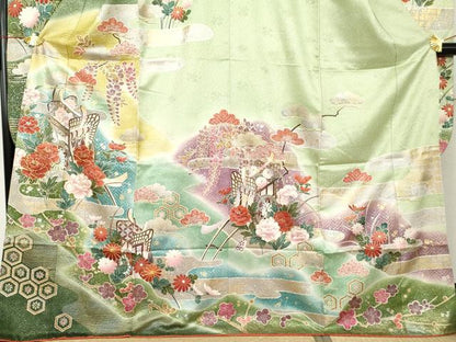 平和屋着物●豪華振袖　駒刺繍　御所車草花文　暈し染め　金銀彩　正絹　逸品　AABL4041cs