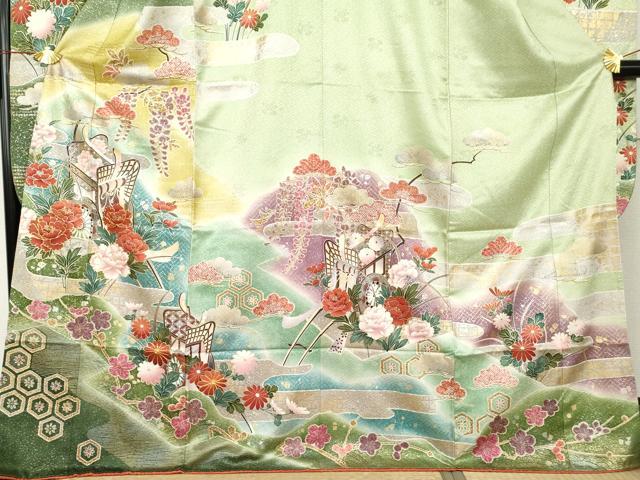 平和屋着物●豪華振袖　駒刺繍　御所車草花文　暈し染め　金銀彩　正絹　逸品　AABL4041cs