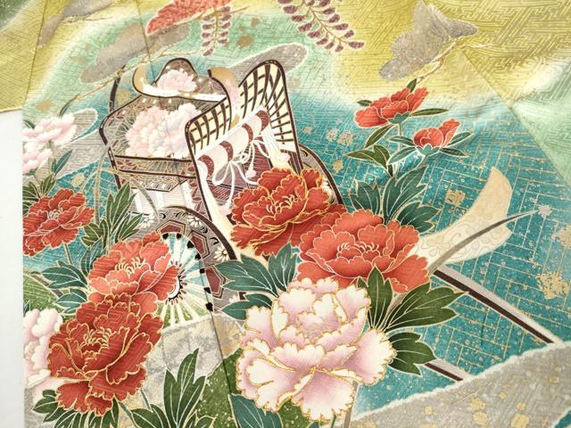 平和屋着物●豪華振袖　駒刺繍　御所車草花文　暈し染め　金銀彩　正絹　逸品　AABL4041cs