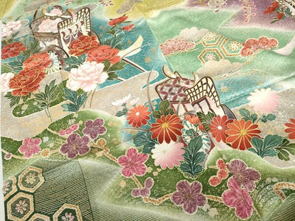 平和屋着物●豪華振袖　駒刺繍　御所車草花文　暈し染め　金銀彩　正絹　逸品　AABL4041cs