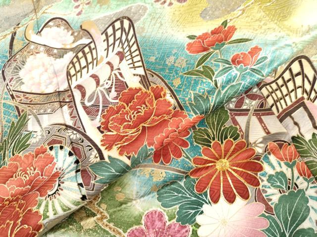 平和屋着物●豪華振袖　駒刺繍　御所車草花文　暈し染め　金銀彩　正絹　逸品　AABL4041cs