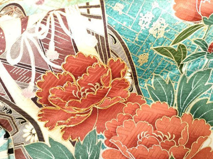 平和屋着物●豪華振袖　駒刺繍　御所車草花文　暈し染め　金銀彩　正絹　逸品　AABL4041cs