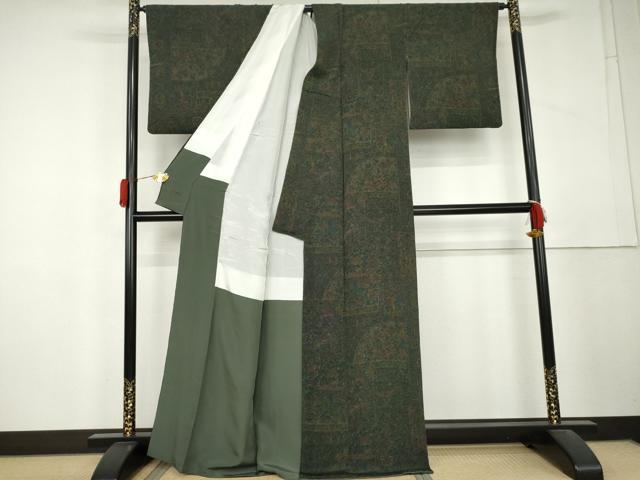 平和屋着物●上質な小紋　更利作　鳥獣更紗花文　鬼しぼ縮緬　正絹　逸品　AABL4050cs